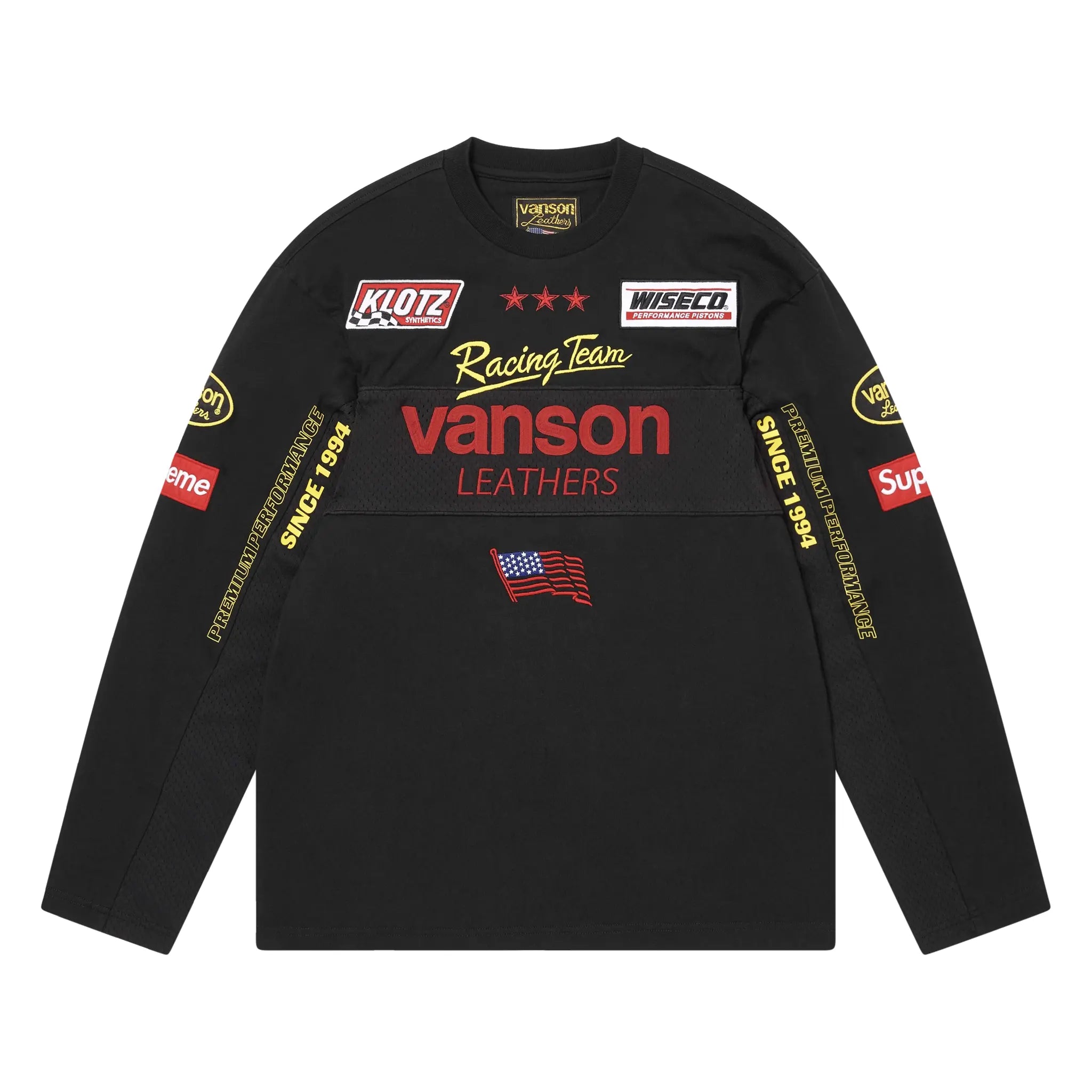 Front View of Supreme x Vanson L/S Black Top (SS26) SS26KN29-BLACK